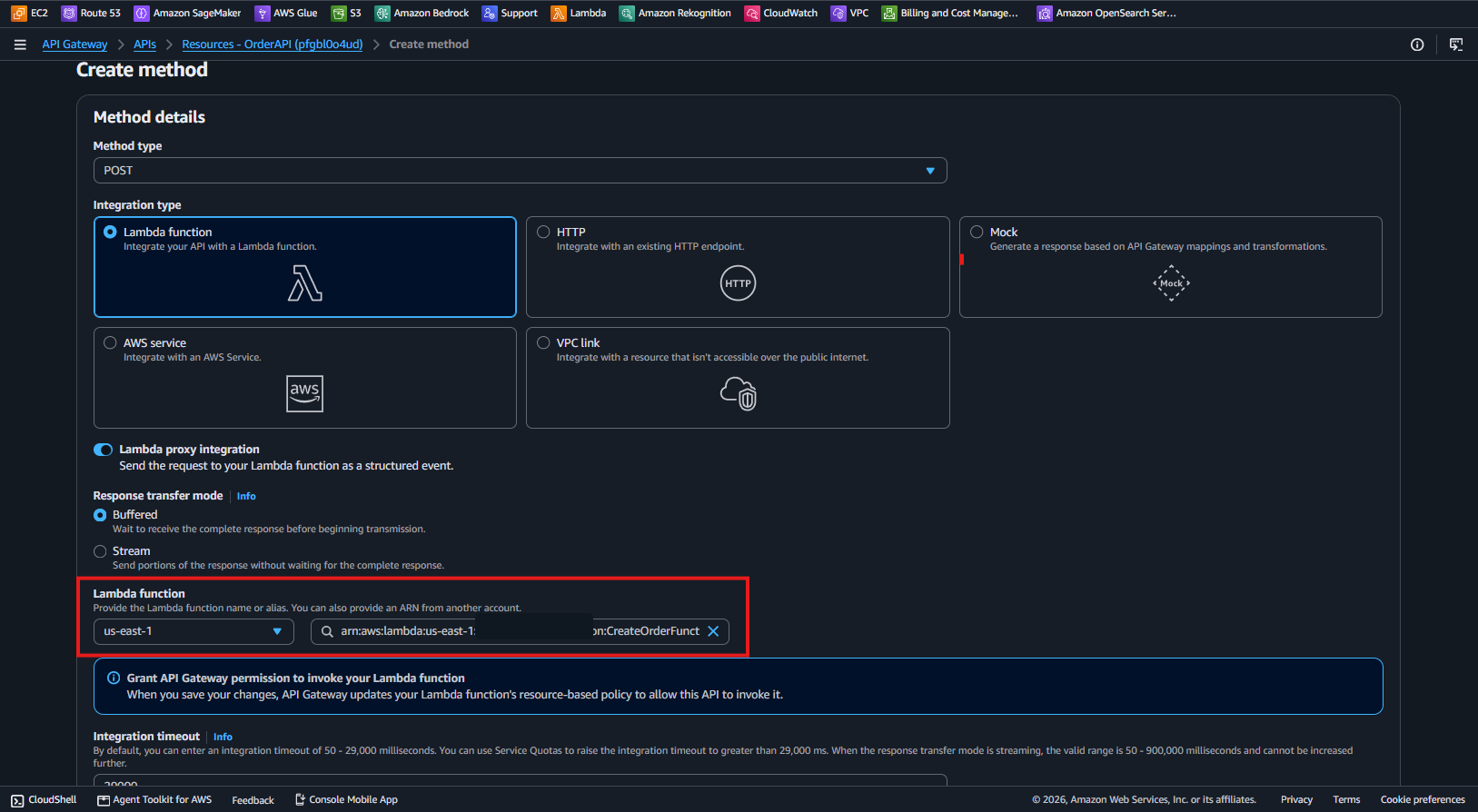 CreateOrderFunction への Lambda proxy integration で POST method を作成