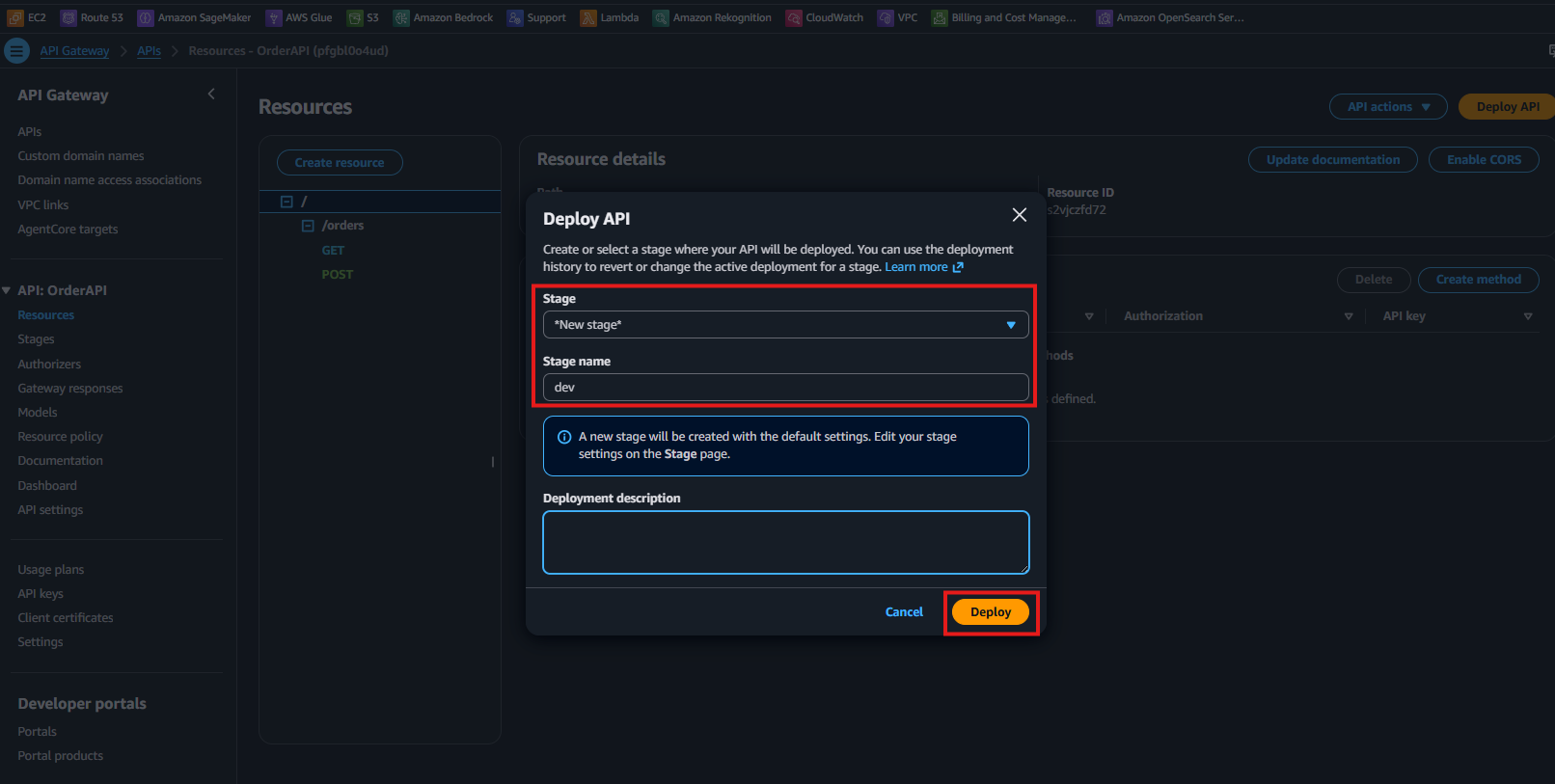 Stage name を dev にした Deploy API ダイアログ