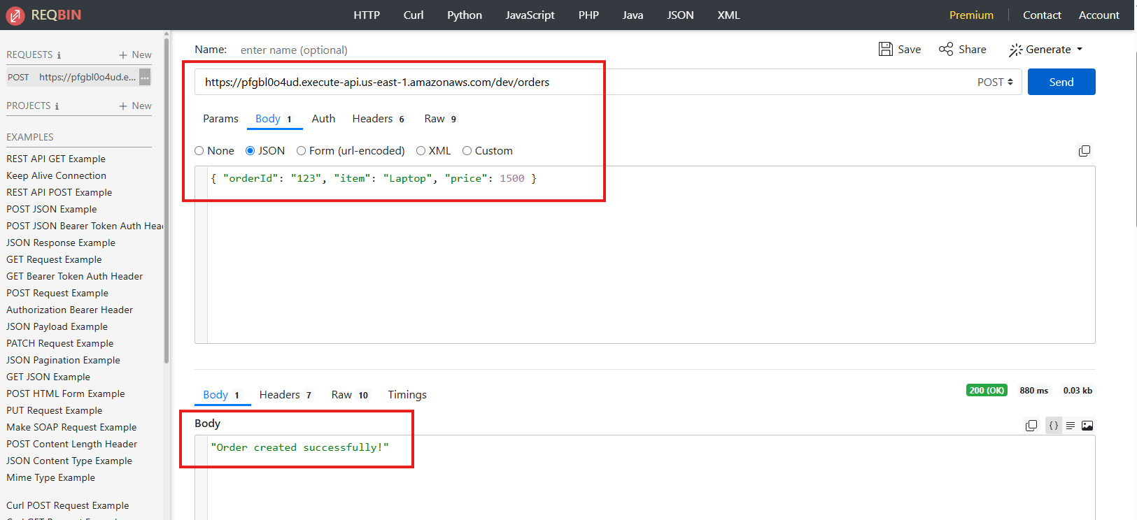 reqbin で POST /orders を呼び出し Order created successfully と 200 OK が返る