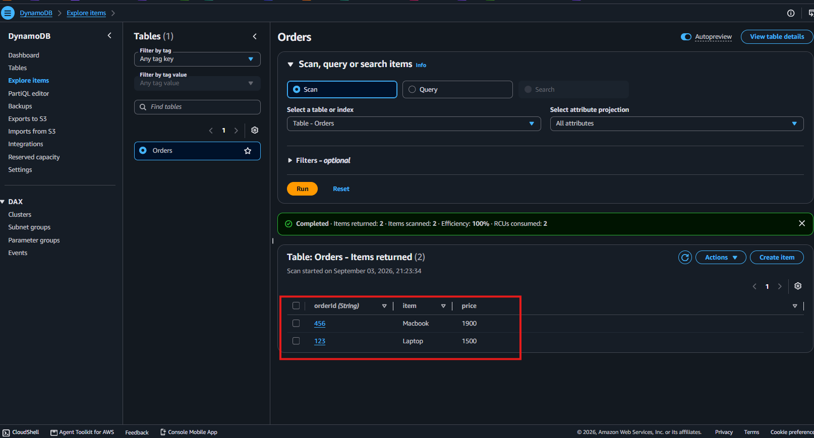 DynamoDB の Orders テーブルを Scan すると作成した注文が返る