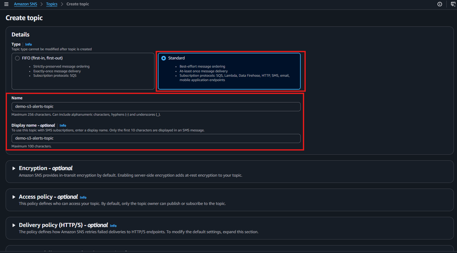 Create topic フォームで Type が Standard、Name と Display name がどちらも demo-s3-alerts-topic