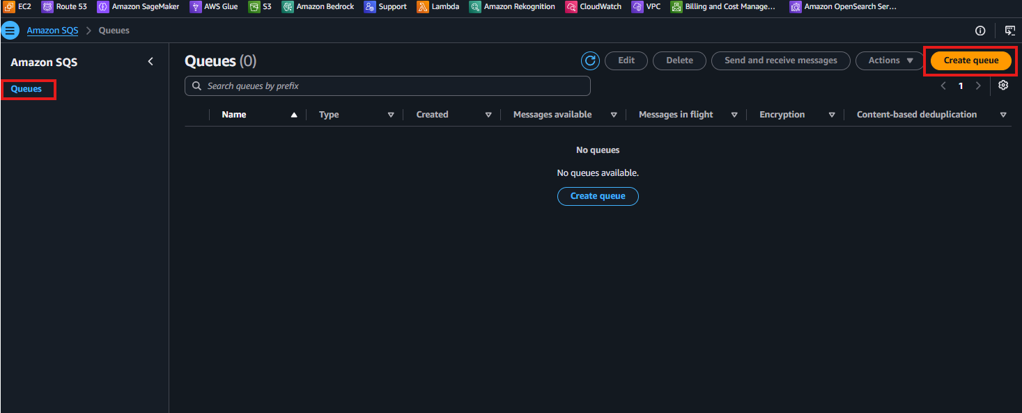 空の Amazon SQS Queues 画面と、強調された Create queue ボタン