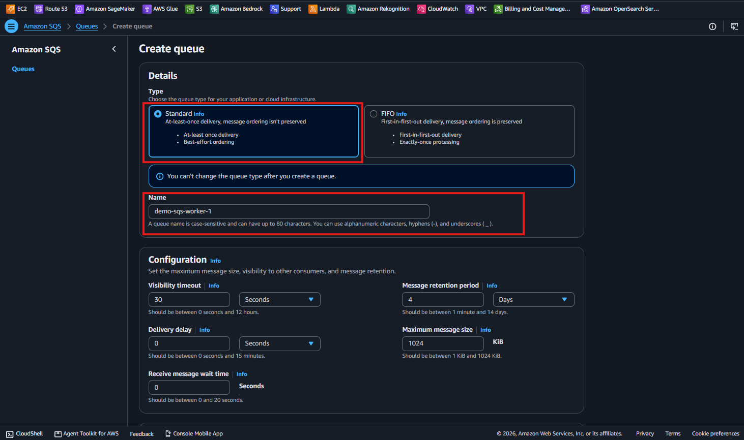Create queue フォームで Type Standard、Name demo-sqs-worker-1、Configuration は既定値