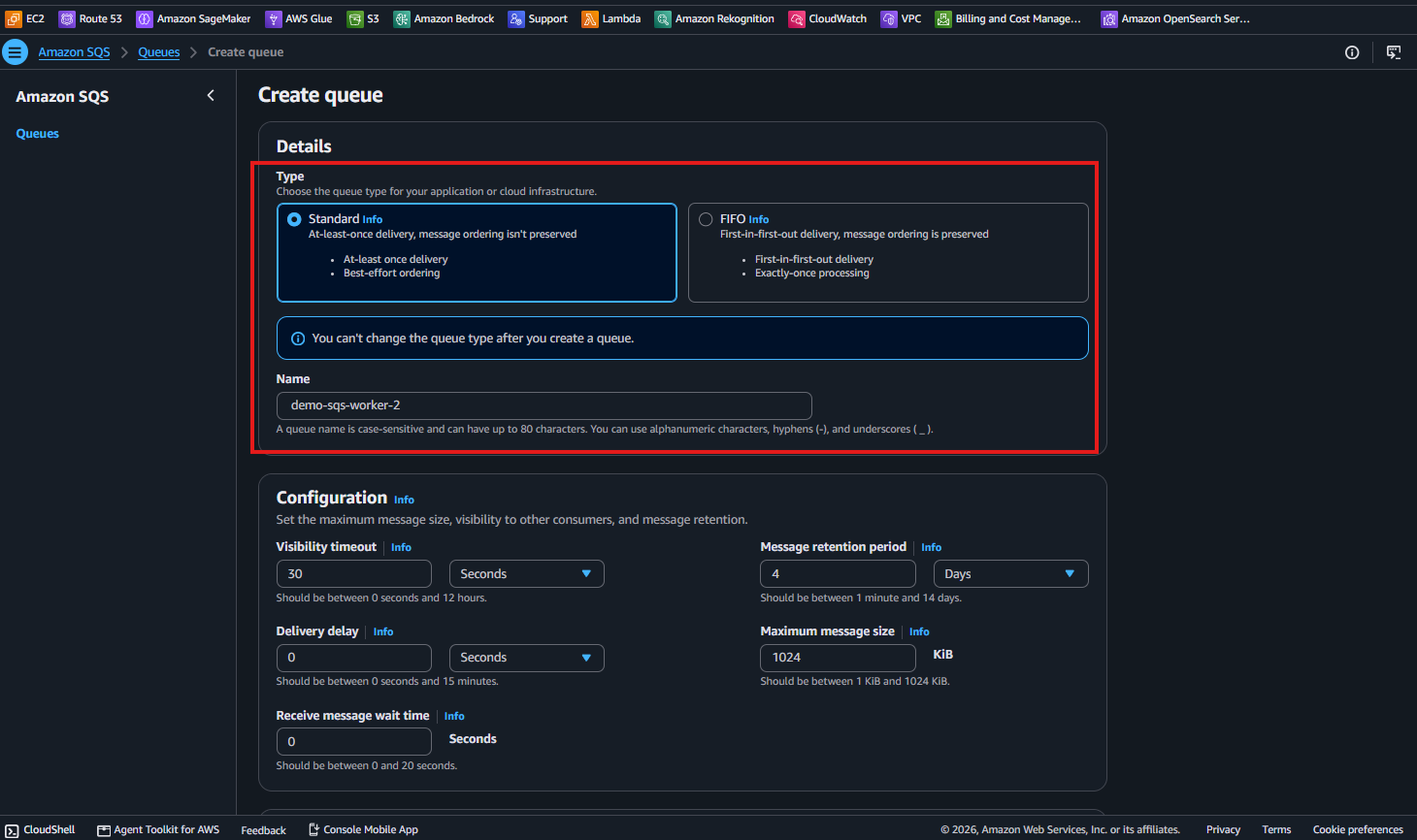 Create queue フォームで Type Standard、Name demo-sqs-worker-2