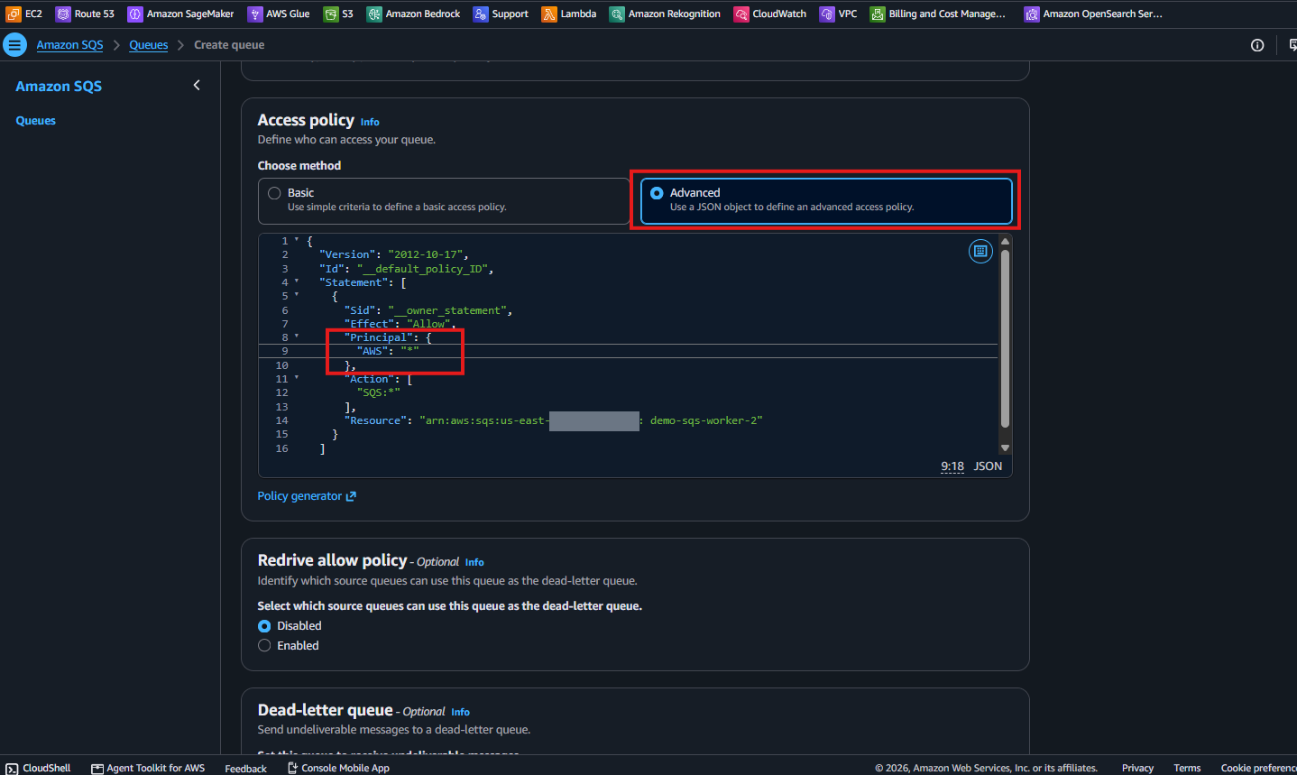 2 つ目のキューの Advanced access policy。Resource が arn:aws:sqs:us-east-1:...:demo-sqs-worker-2 を指している