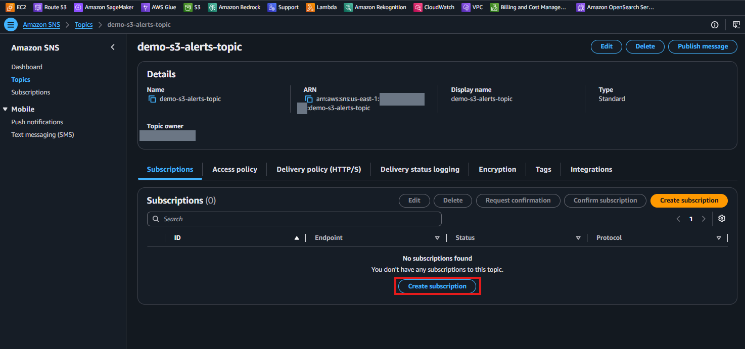 demo-s3-alerts-topic の詳細画面。Subscriptions タブは空で Create subscription ボタンがある
