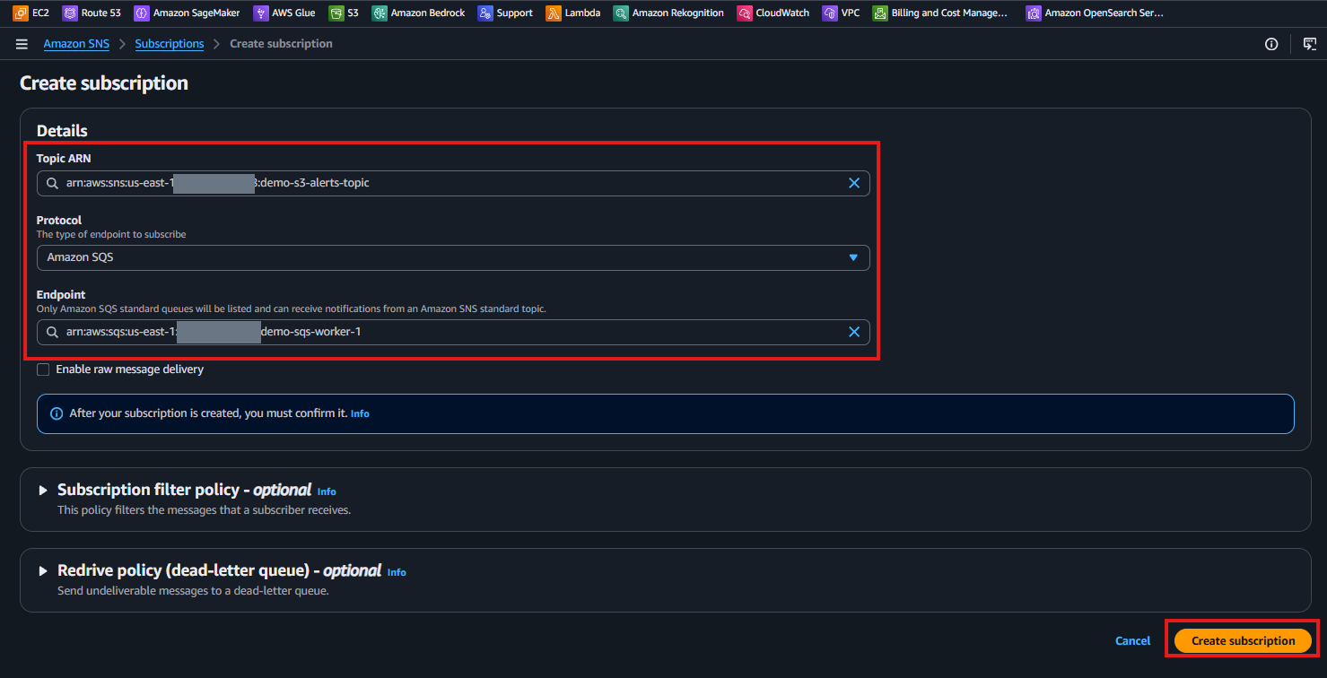 Create subscription フォームで Protocol が Amazon SQS、Endpoint が demo-sqs-worker-1 の ARN