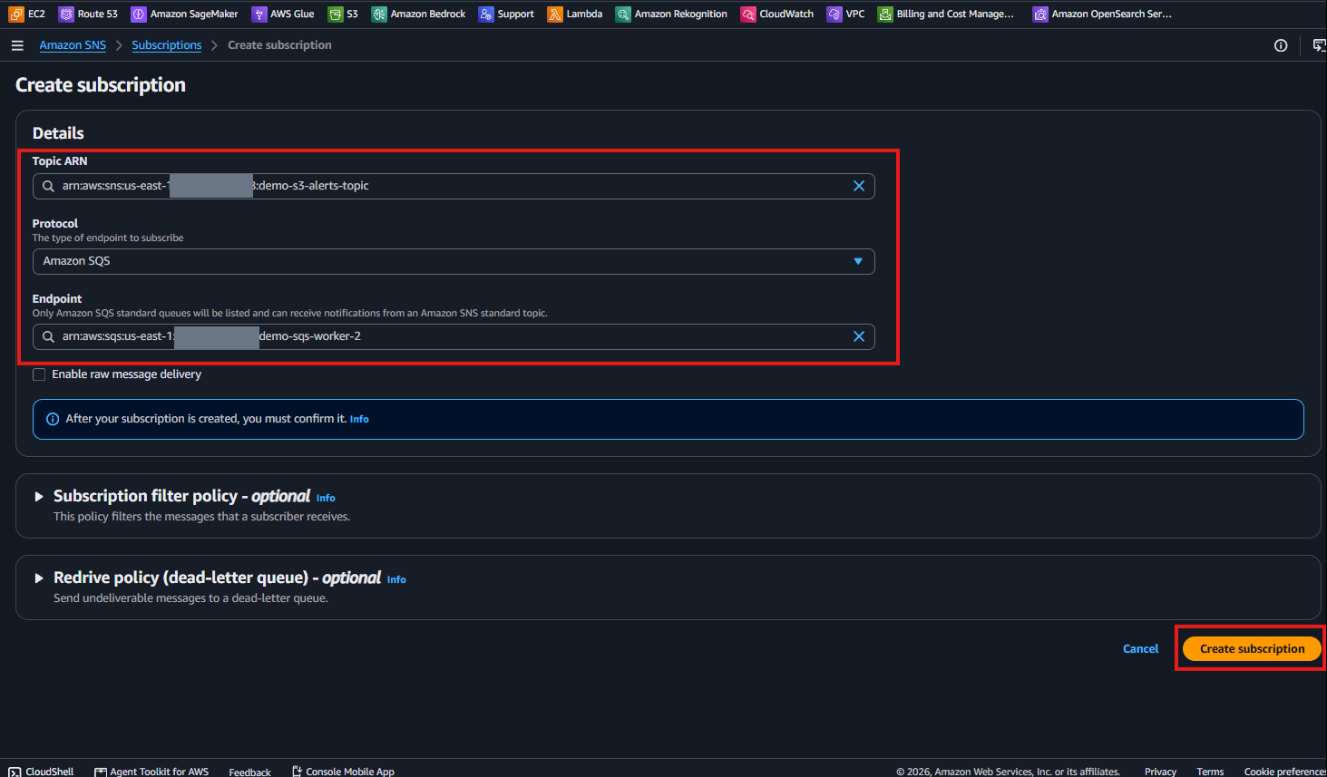 Create subscription フォームで Endpoint が demo-sqs-worker-2 の ARN