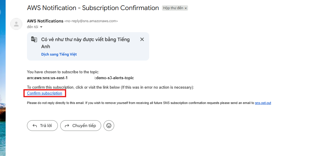AWS Notification - Subscription Confirmation メールと、強調された Confirm subscription リンク