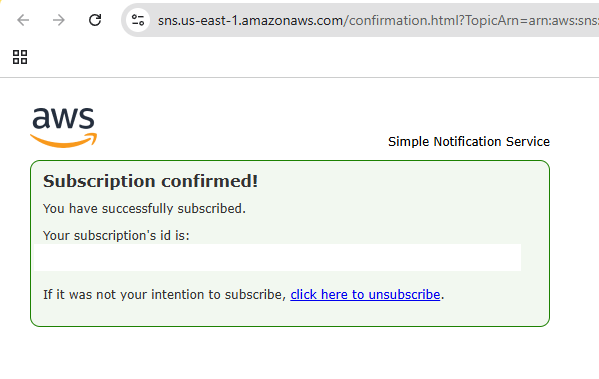 登録成功を伝える Amazon SNS の Subscription confirmed! ページ