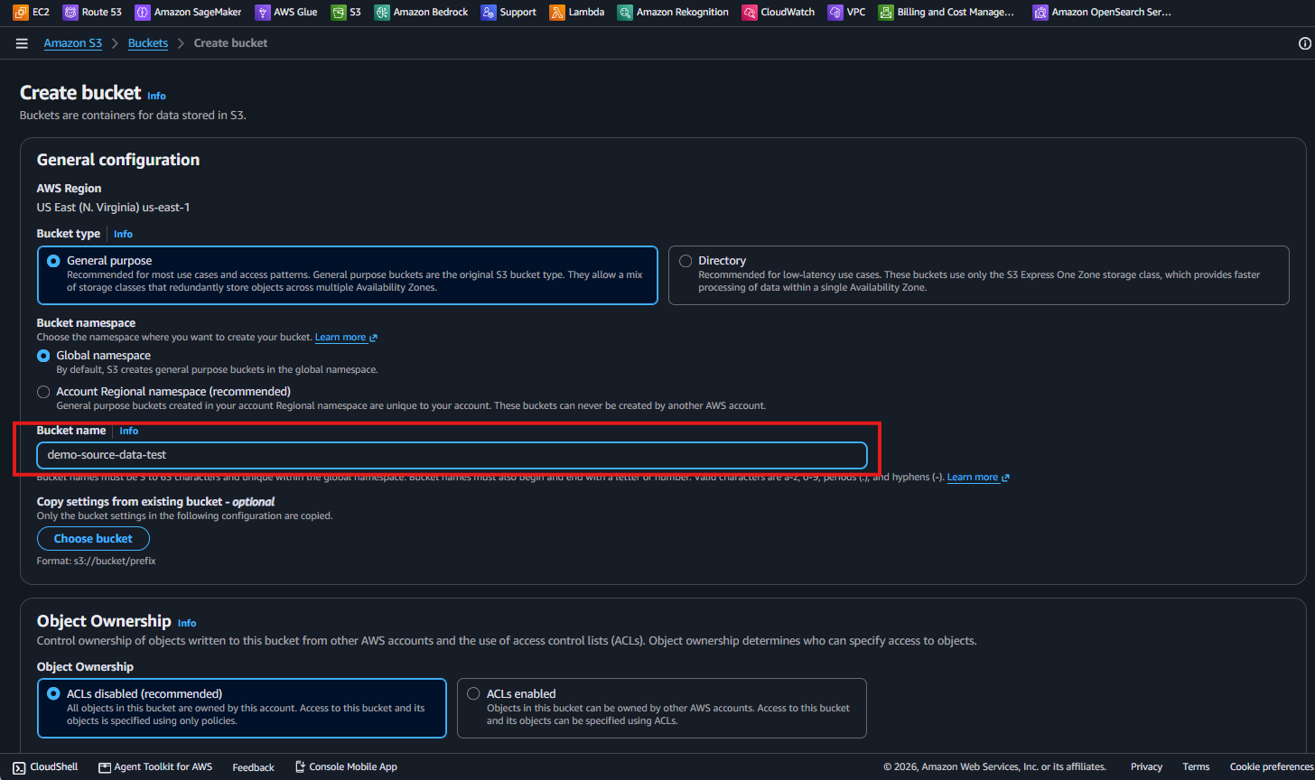 S3 の Create bucket フォームで Bucket name が demo-source-data-test、ACLs disabled