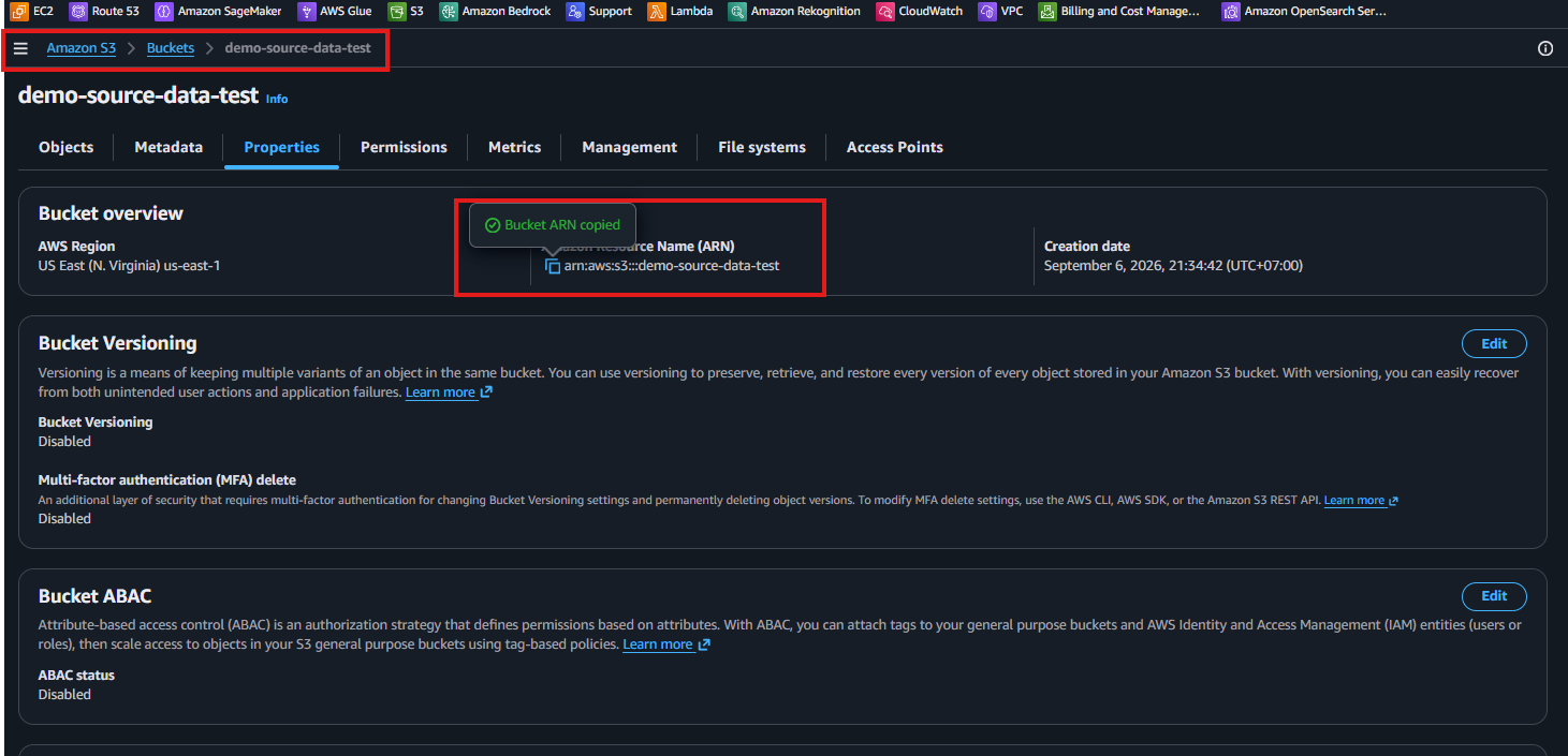 demo-source-data-test の Properties タブで Bucket ARN arn:aws:s3:::demo-source-data-test をコピーした直後