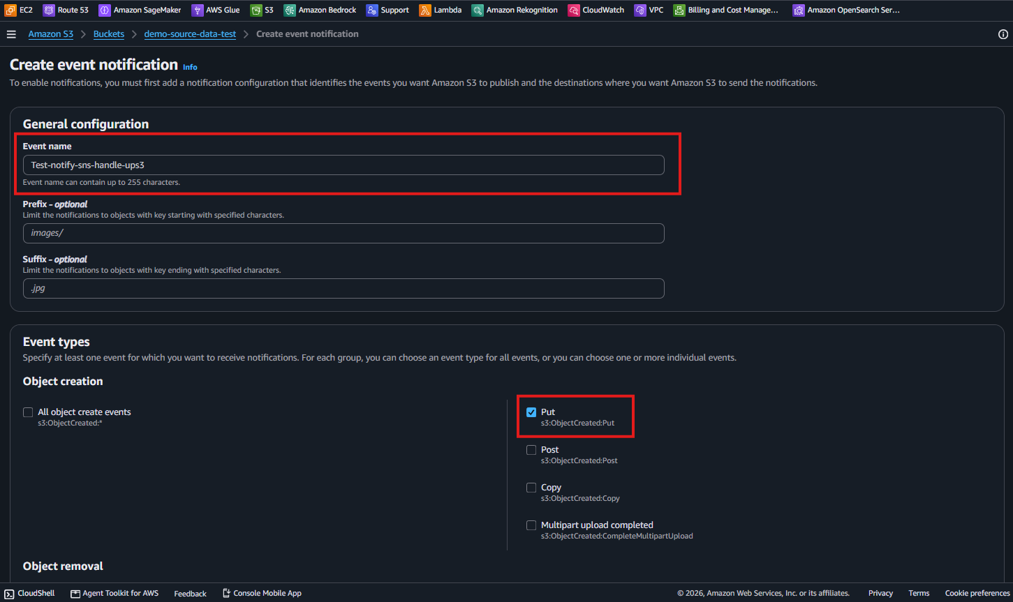 Create event notification フォームで Event name が Test-notify-sns-handle-ups3、Put の event type にチェック