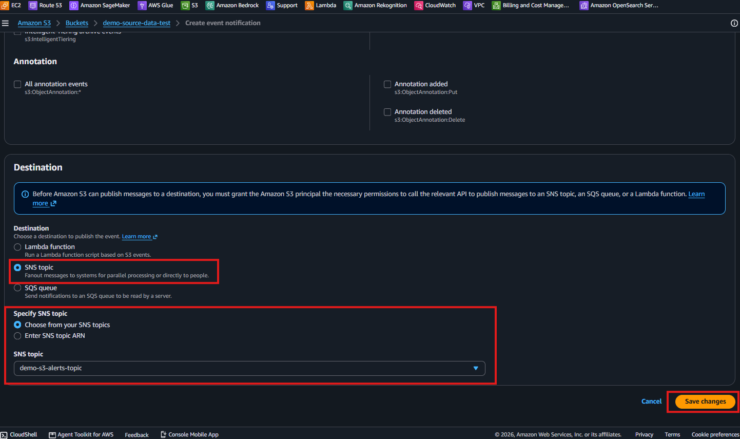 Destination ブロックで SNS topic が選択され、ドロップダウンが demo-s3-alerts-topic を指している