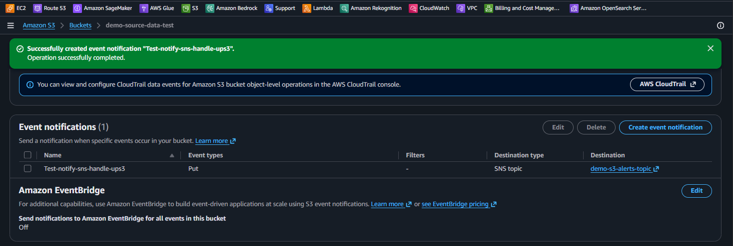 Event notifications (1) テーブルに Test-notify-sns-handle-ups3、event type Put、宛先 SNS topic demo-s3-alerts-topic