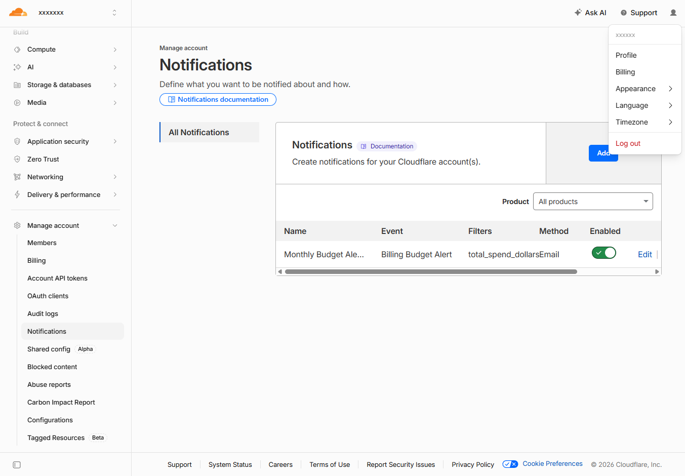 Cloudflare の Profile メニュー