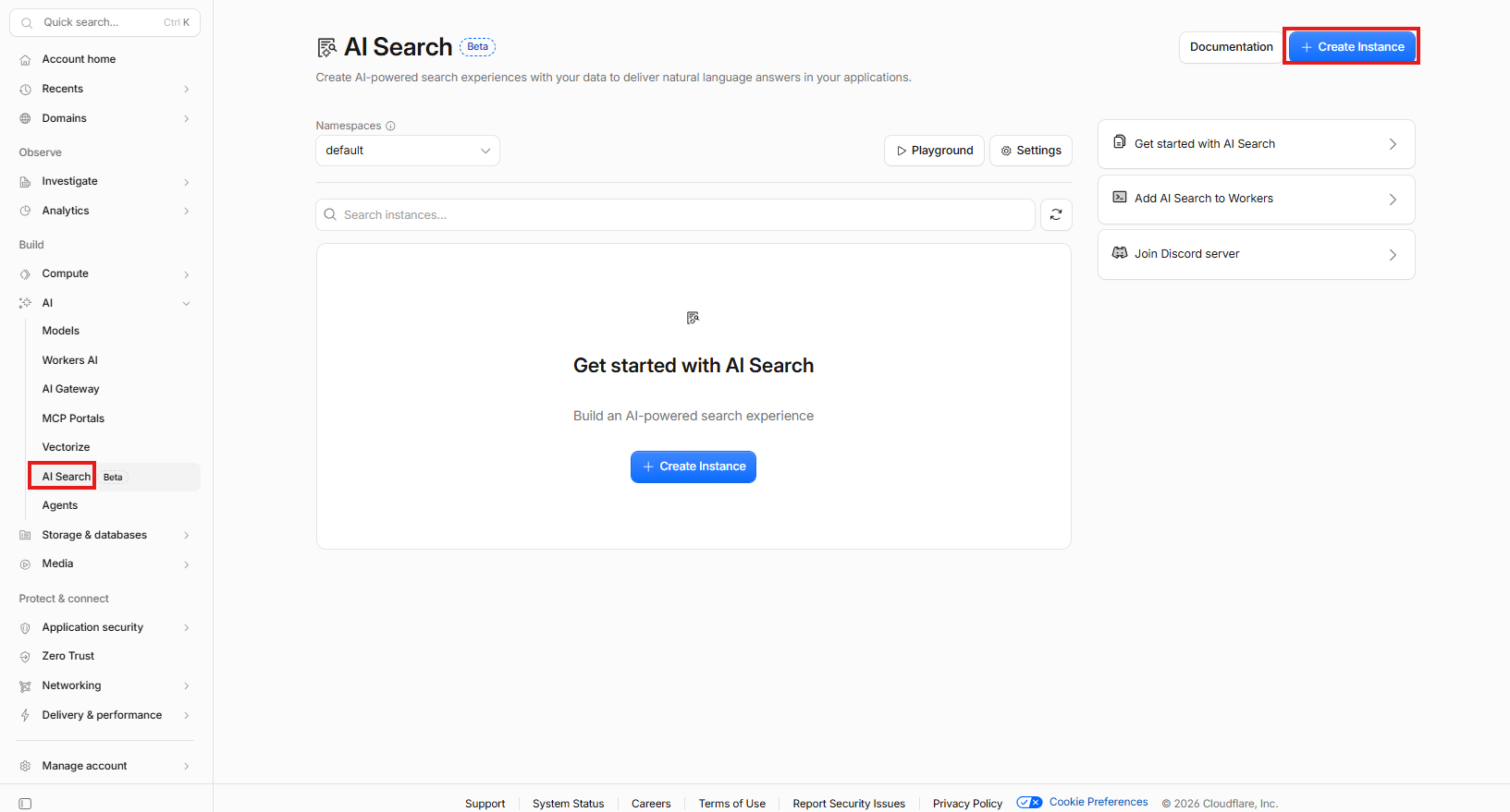 Create Instance ボタンがある AI Search 画面