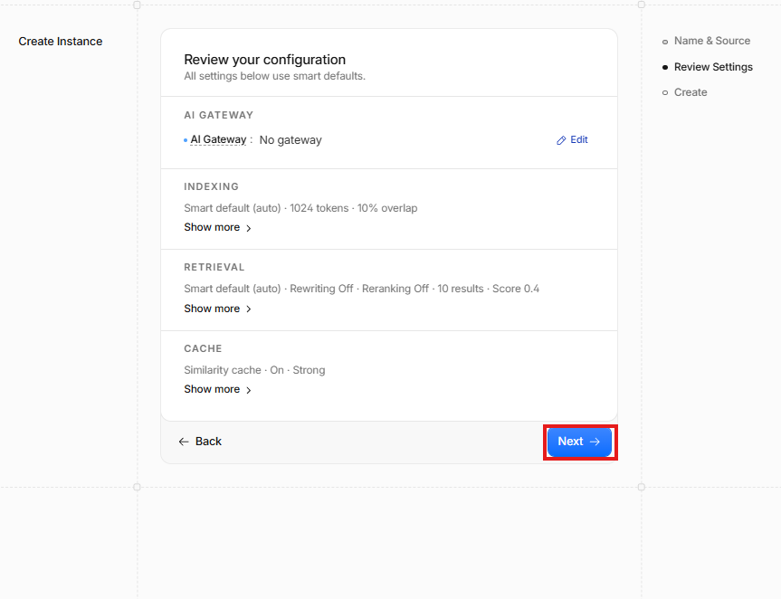 AI Search の Review your configuration 画面