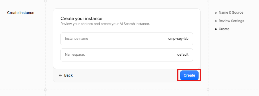 Create ボタンがある Create your instance 画面