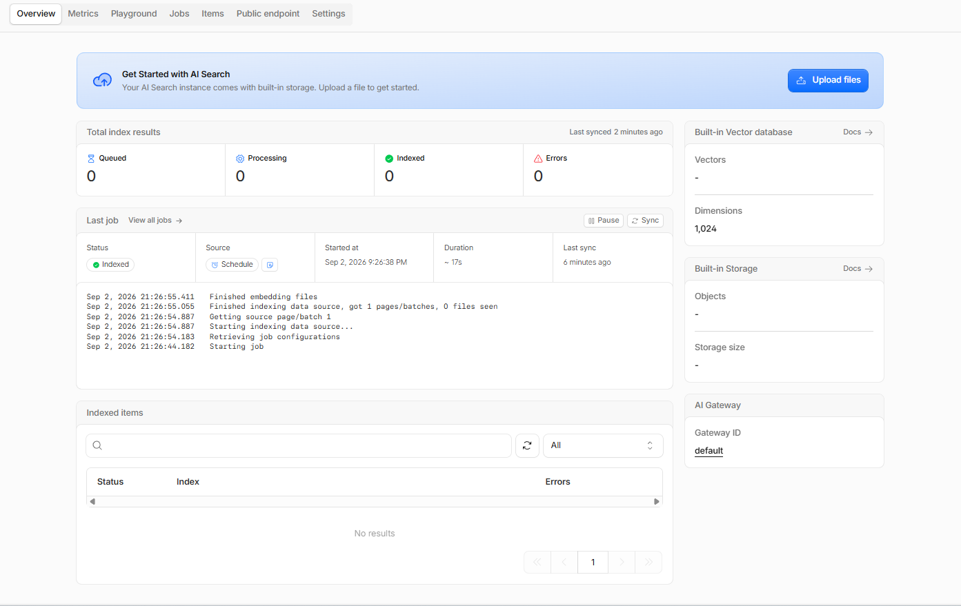 AI Search instance の Overview 画面