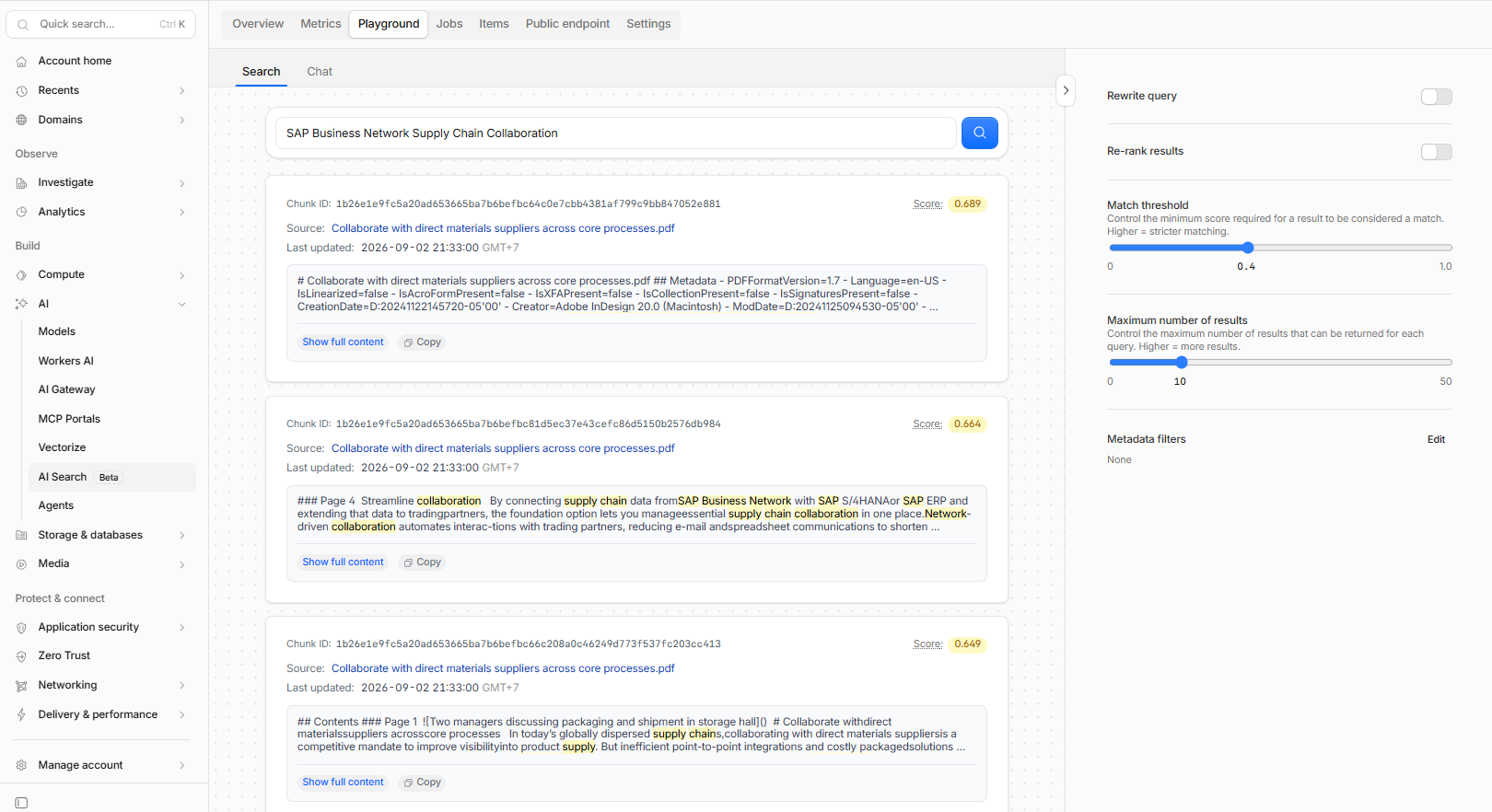 スコア付きで chunk を返す Playground Search