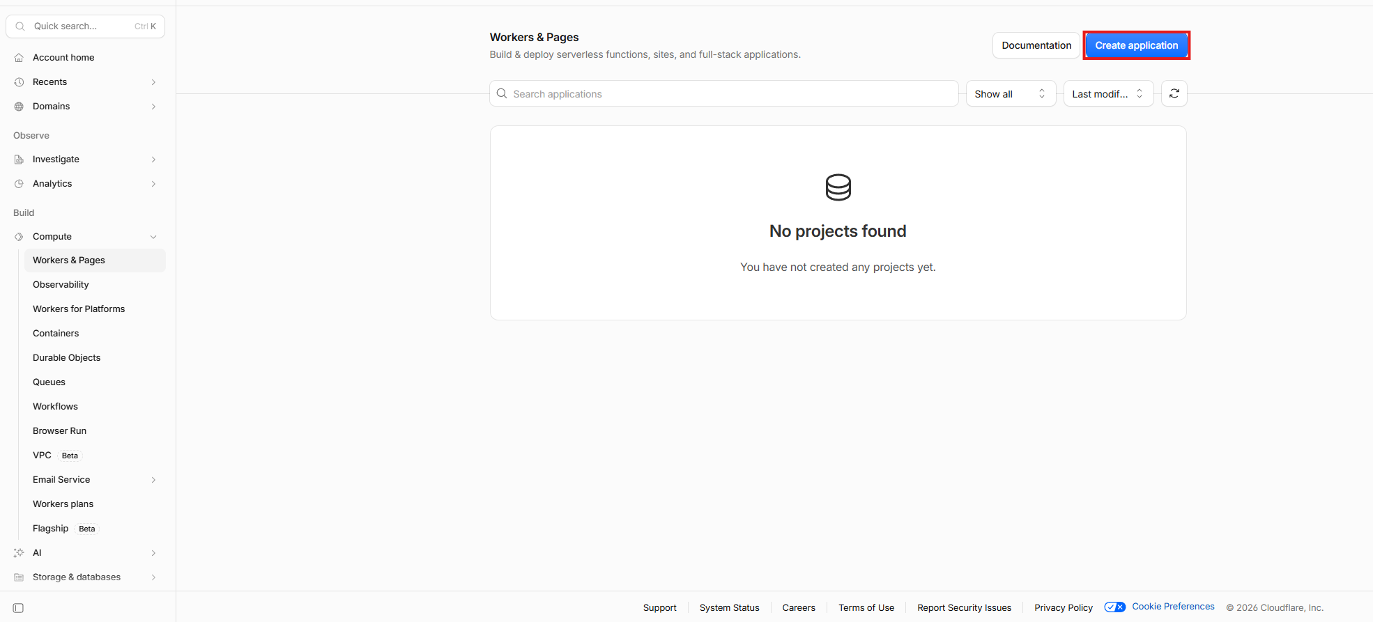 Create application ボタンがある Workers & Pages 画面