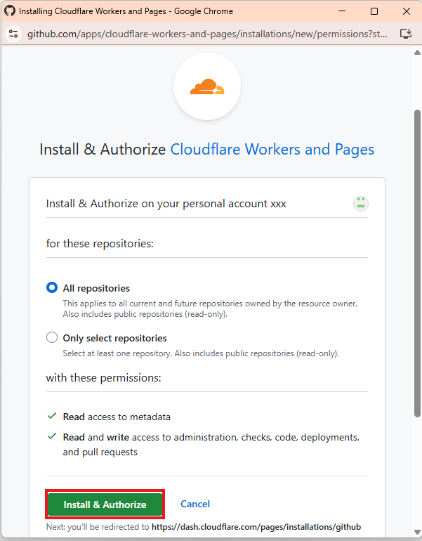 GitHub の Install & Authorize 画面
