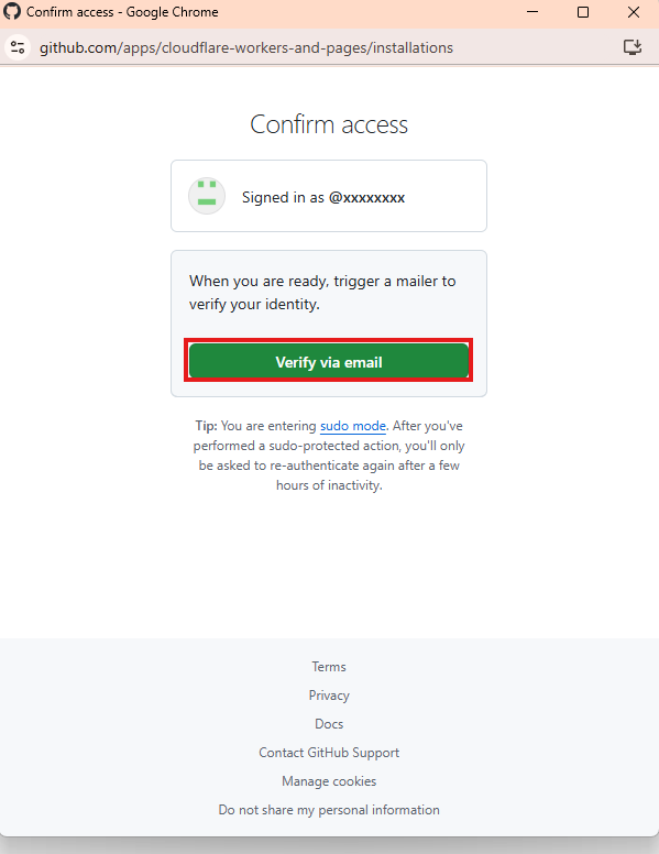 Verify via email ボタンがある Confirm access 画面