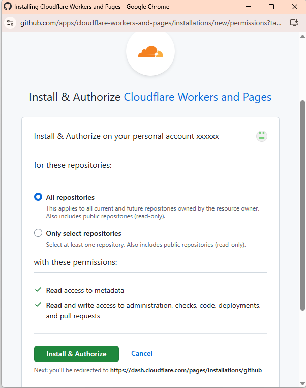Cloudflare Workers and Pages の Install & Authorize 完了