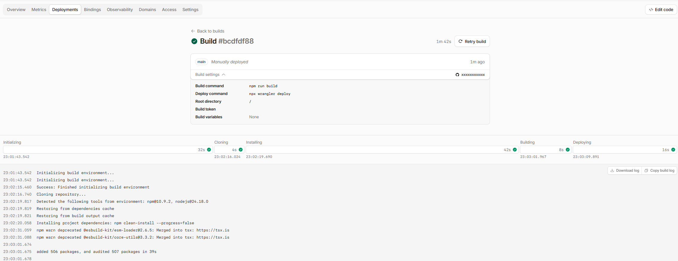 Cloudflare で build 中の deployment log 画面