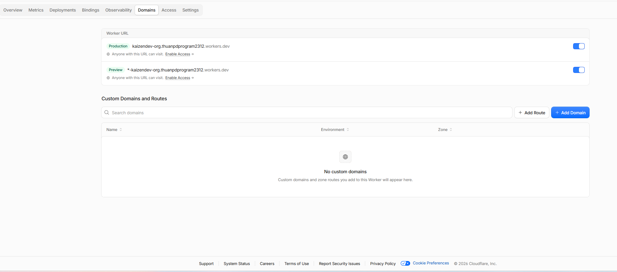 Cloudflare の Custom Domains and Routes 画面