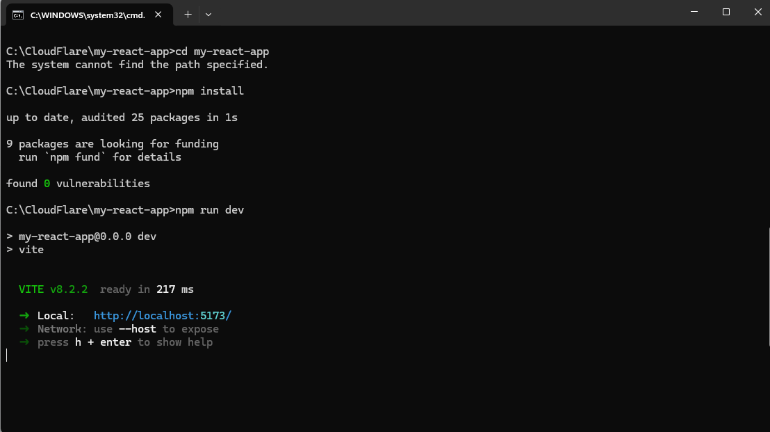 npm run dev を実行し、Vite が http://localhost:5173/ で ready と表示しているターミナル
