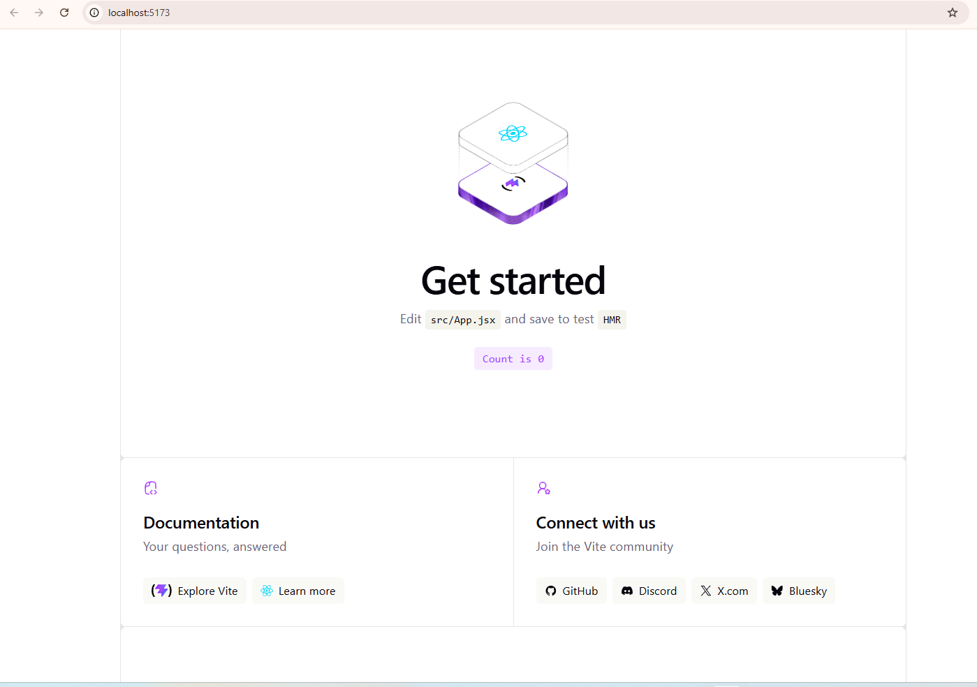 localhost:5173 で開いた Vite の既定 React ページ