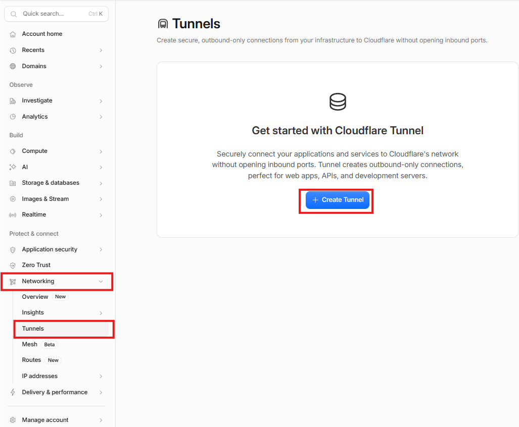 Create Tunnel ボタンが強調された Networking → Tunnels ページ