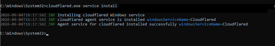 cloudflared agent service is installed windowsServiceName=Cloudflared のログが出た Command Prompt
