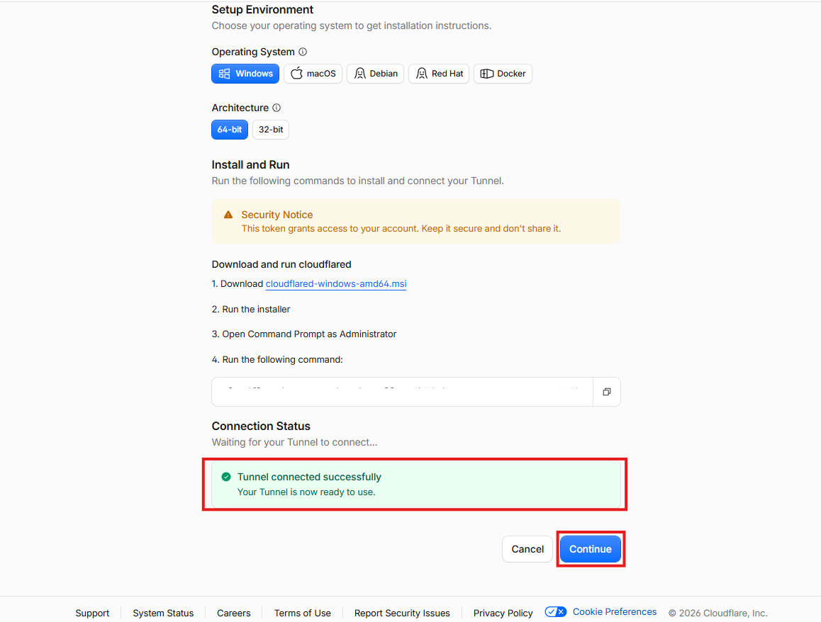 Tunnel connected successfully と Continue ボタンが表示された Connection Status