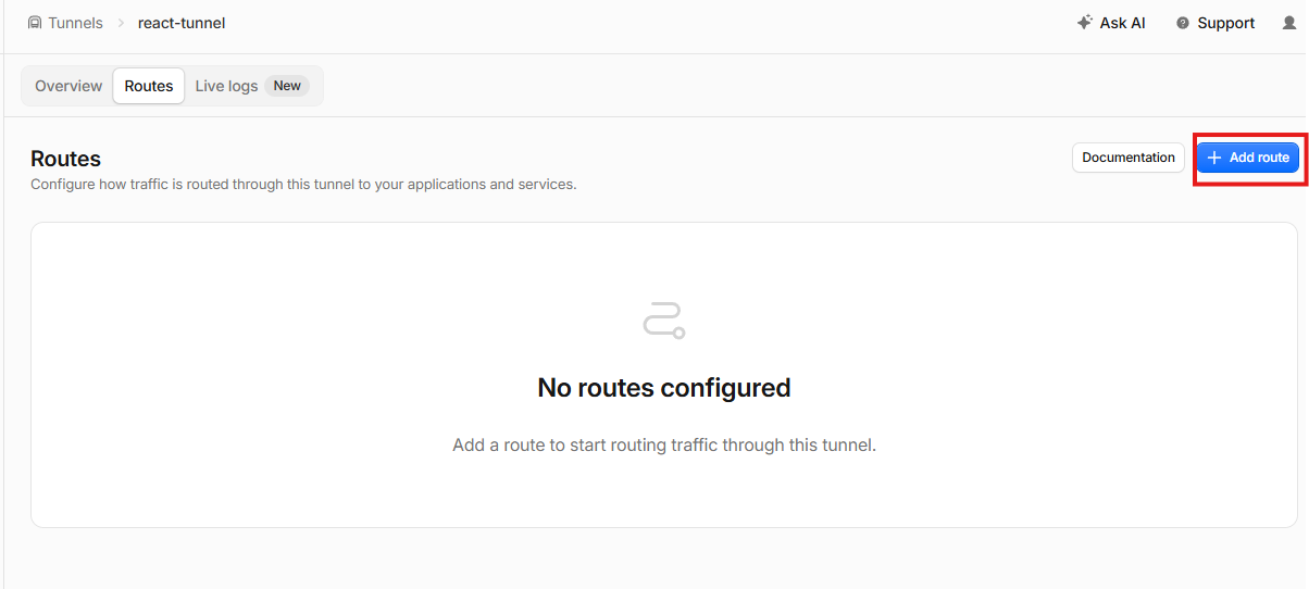 No routes configured と Add route ボタンが表示された tunnel の Routes タブ