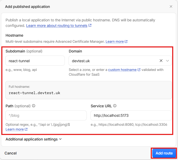 subdomain react-tunnel、domain devtest.uk、Service URL http://localhost:5173 を入力した Add published application フォーム