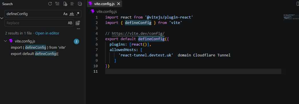 allowedHosts に react-tunnel.devtest.uk を追加した vite.config.js