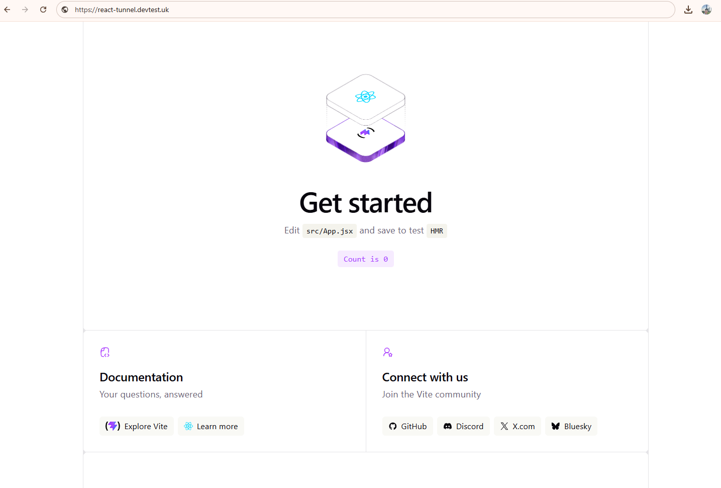 https://react-tunnel.devtest.uk でローカルの React アプリを表示したブラウザ