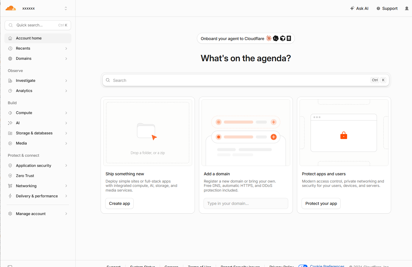 Cloudflare Account home の Add a domain