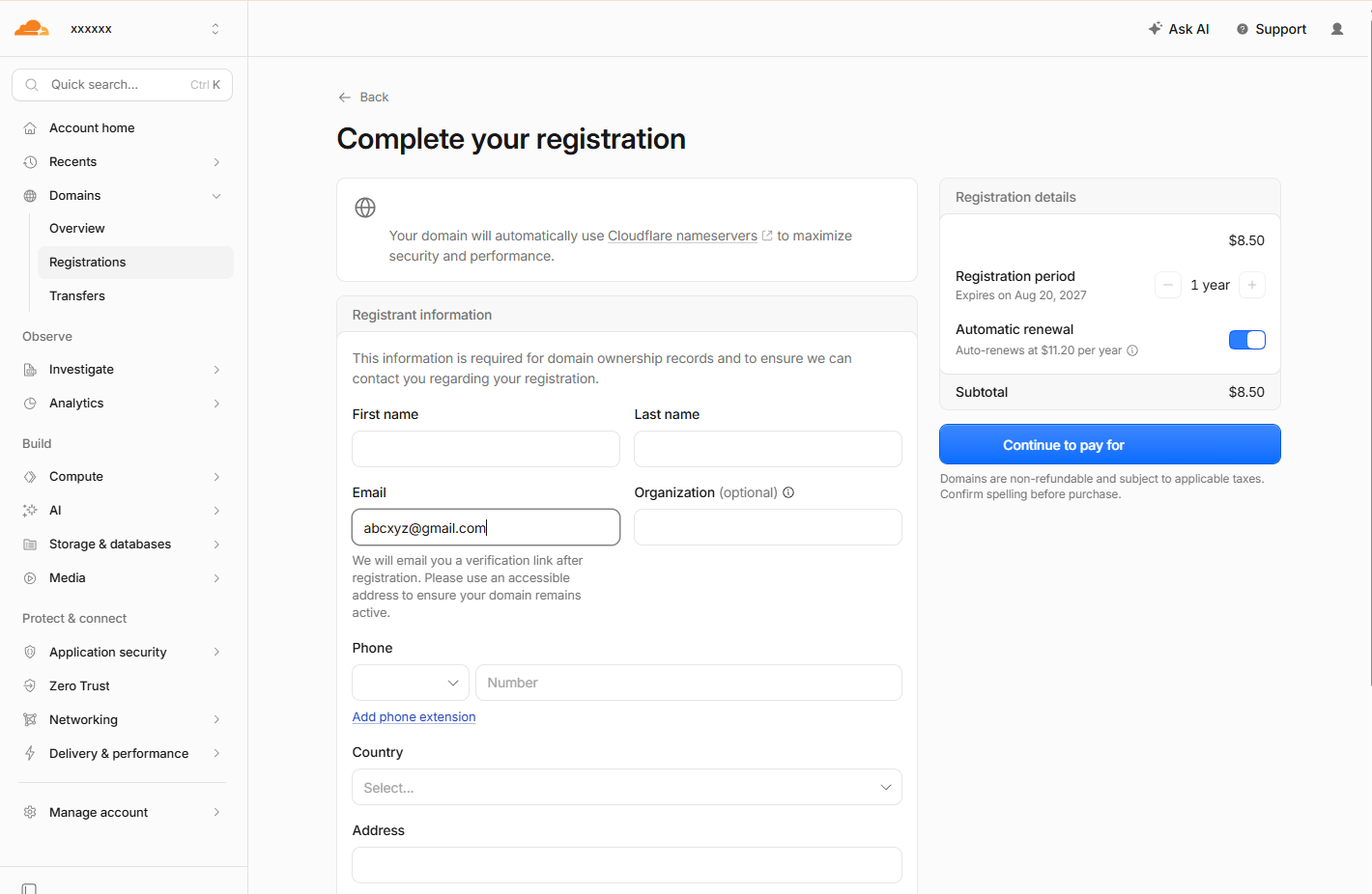 Registrant 情報と支払い確認
