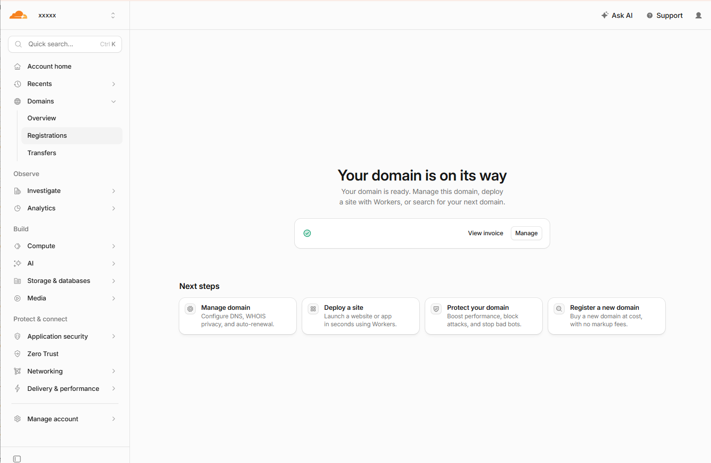 Cloudflare のドメイン登録完了