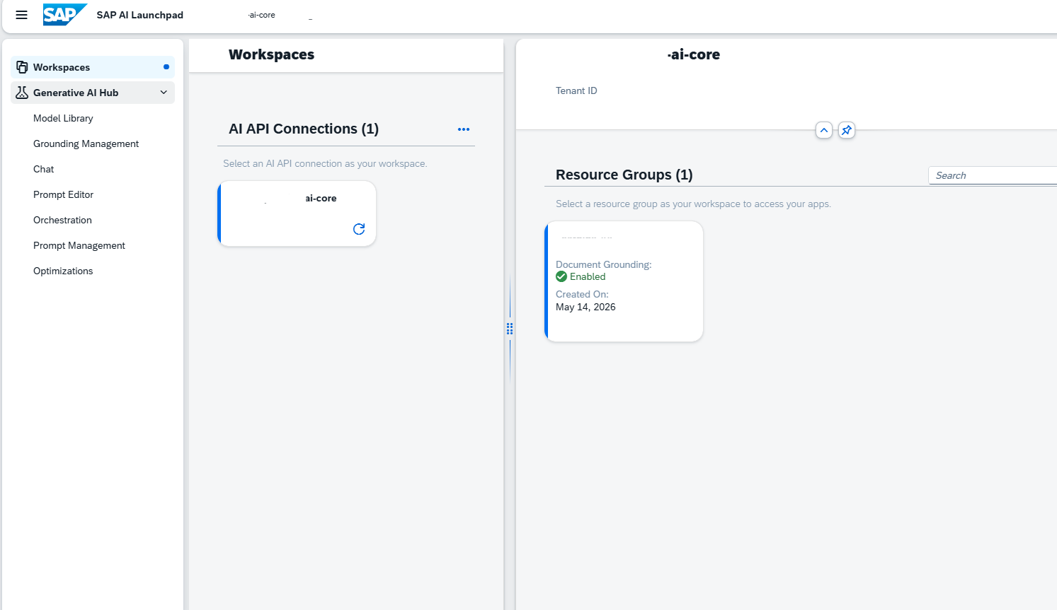 SAP AI Launchpad の Workspaces 画面 — AI API 接続と Resource Groups パネル