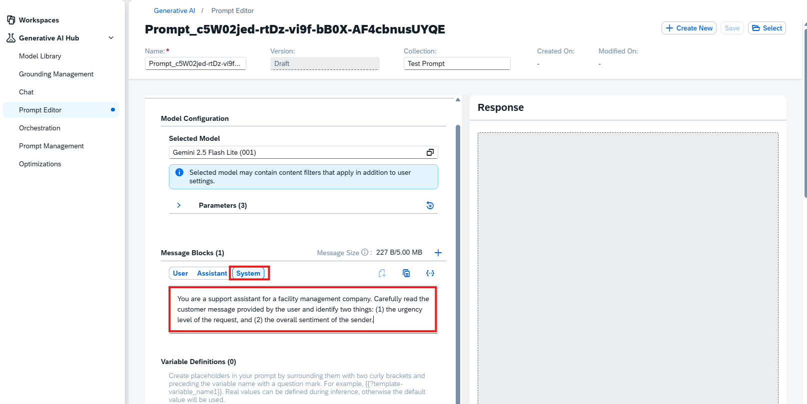 Message Blocks の System 役割ブロックに基本プロンプトを入力した状態