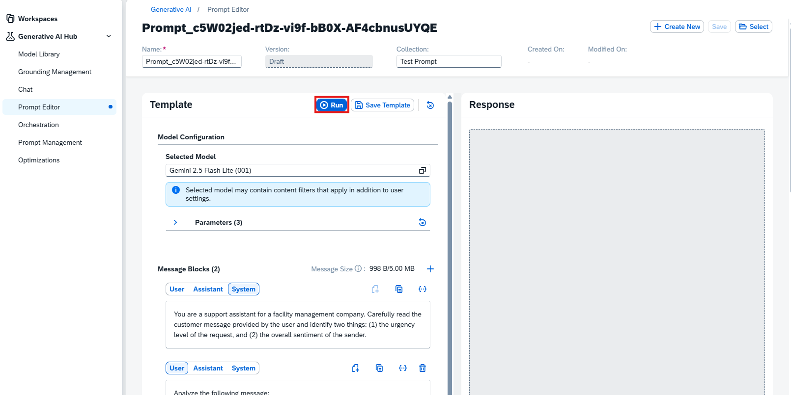 Template パネル上部の Run ボタンが強調され、Response ボックスはまだ空の状態