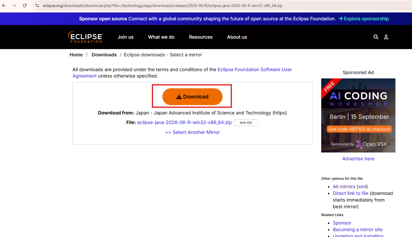 Download ボタンと eclipse-java-...-win32-x86_64.zip のファイル名がある Eclipse のミラーページ