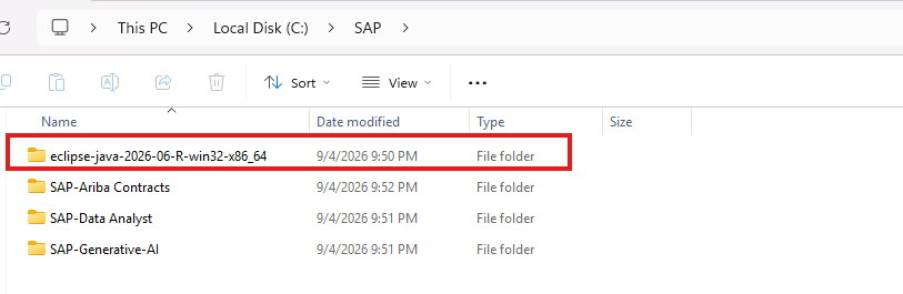 C:\SAP 内に解凍された Eclipse フォルダーが表示されたエクスプローラー