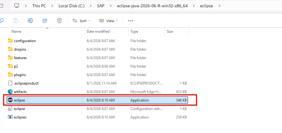 eclipse.exe(Application)が選択された Eclipse フォルダー