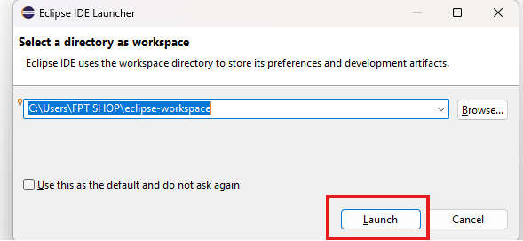 workspace フォルダーを選ぶ Eclipse IDE Launcher ダイアログと Launch ボタン